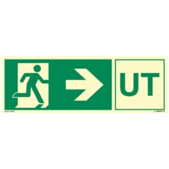 Nødutgangsskilt pil høyre - UT - med symbol og tekst