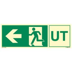 Nødutgangsskilt pil venstre - UT - med symbol og tekst